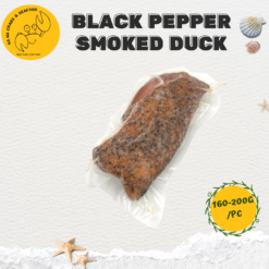 Vacuum-sealed Black Pepper Smoked Duck in transparent packaging