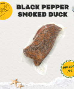 Vacuum-sealed Black Pepper Smoked Duck in transparent packaging